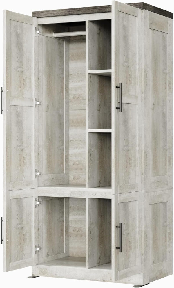 LIKIMIO Large Wardrobe Closet, Farmhouse Clothing Storage Cabinet with Hanging Rod and 2 Doors, Wooden Tall Bedroom Armoires with Storage Shelves, Rustic White