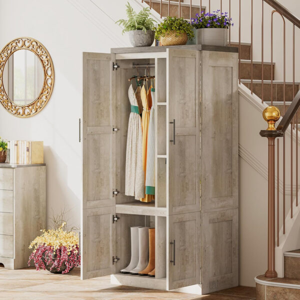 LIKIMIO Large Wardrobe Closet, Farmhouse Clothing Storage Cabinet with Hanging Rod and 2 Doors, Wooden Tall Bedroom Armoires with Storage Shelves, Rustic White