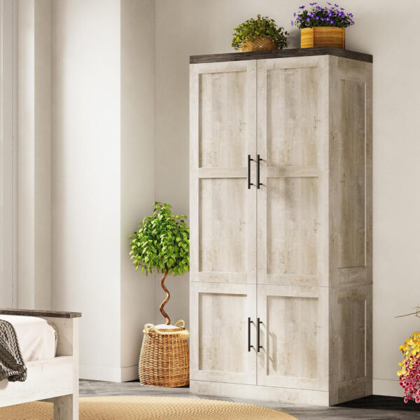 LIKIMIO Large Wardrobe Closet, Farmhouse Clothing Storage Cabinet with Hanging Rod and 2 Doors, Wooden Tall Bedroom Armoires with Storage Shelves, Rustic White
