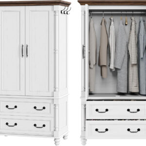 LIKIMIO Farmhouse Armoire Wardrobe Closet with 2 Doors and 2 Drawers, 70" H x 36" W, Large Bedroom Armoire with Roman Column and 3 Hanging Hooks, Wooden Freestanding Closet Cabinet, White