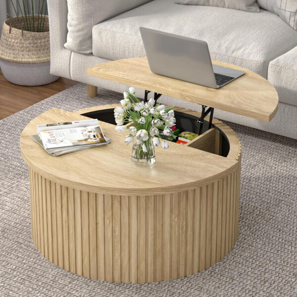 Round Fluted Lift Top Coffee Table with Storage, 34.6'' Farmhouse Round Coffee Tables for Living Room, Circle Wood Accent Center Table for Home, Office, Cafe (Wood Color)