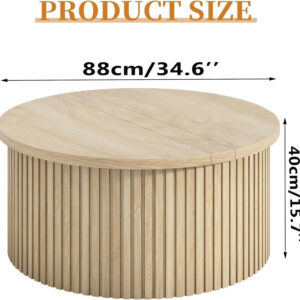 Round Fluted Lift Top Coffee Table with Storage, 34.6'' Farmhouse Round Coffee Tables for Living Room, Circle Wood Accent Center Table for Home, Office, Cafe (Wood Color)