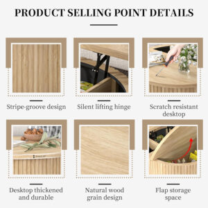 Round Fluted Lift Top Coffee Table with Storage, 34.6'' Farmhouse Round Coffee Tables for Living Room, Circle Wood Accent Center Table for Home, Office, Cafe (Wood Color)