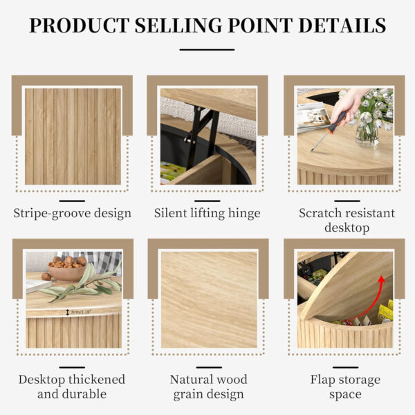 Round Fluted Lift Top Coffee Table with Storage, 34.6'' Farmhouse Round Coffee Tables for Living Room, Circle Wood Accent Center Table for Home, Office, Cafe (Wood Color)
