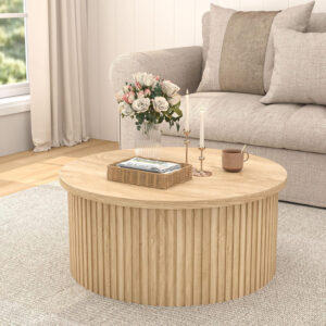 Round Fluted Lift Top Coffee Table with Storage, 34.6'' Farmhouse Round Coffee Tables for Living Room, Circle Wood Accent Center Table for Home, Office, Cafe (Wood Color)