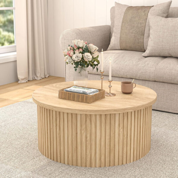 Round Fluted Lift Top Coffee Table with Storage, 34.6'' Farmhouse Round Coffee Tables for Living Room, Circle Wood Accent Center Table for Home, Office, Cafe (Wood Color)