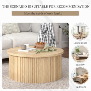 Round Fluted Lift Top Coffee Table with Storage, 34.6'' Farmhouse Round Coffee Tables for Living Room, Circle Wood Accent Center Table for Home, Office, Cafe (Wood Color)