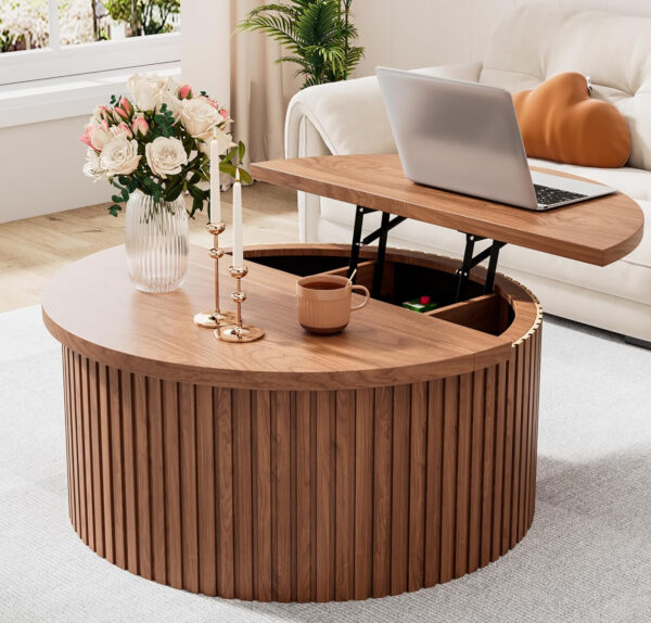 Round Fluted Lift Top Coffee Table with Storage, 34.6'' Farmhouse Round Coffee Tables for Living Room, Circle Wood Accent Center Table for Home, Office, Cafe (Wood Color)