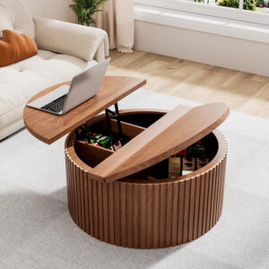 Round Fluted Lift Top Coffee Table with Storage, 34.6'' Farmhouse Round Coffee Tables for Living Room, Circle Wood Accent Center Table for Home, Office, Cafe (Wood Color)