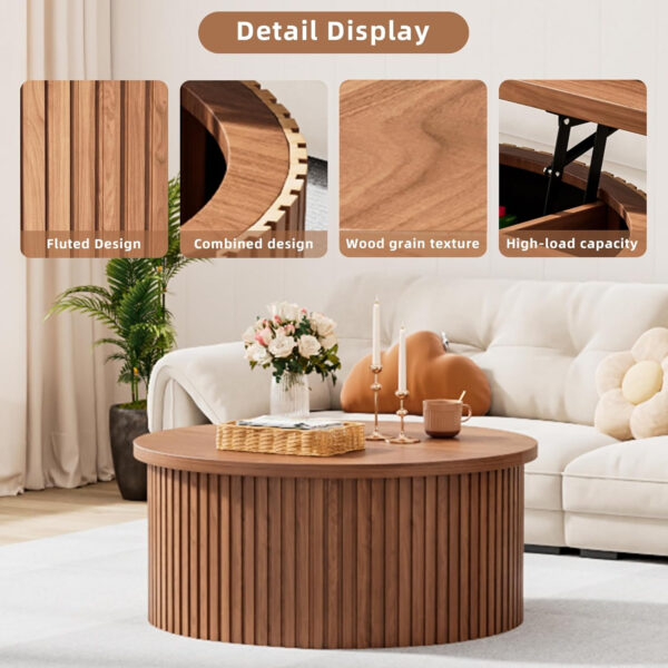 Round Fluted Lift Top Coffee Table with Storage, 34.6'' Farmhouse Round Coffee Tables for Living Room, Circle Wood Accent Center Table for Home, Office, Cafe (Wood Color)