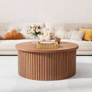 Round Fluted Lift Top Coffee Table with Storage, 34.6'' Farmhouse Round Coffee Tables for Living Room, Circle Wood Accent Center Table for Home, Office, Cafe (Wood Color)