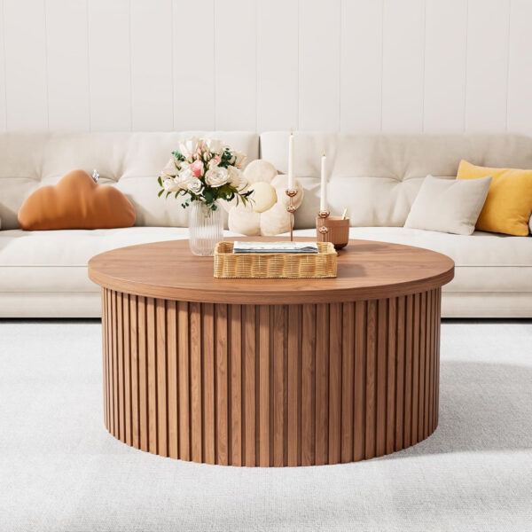 Round Fluted Lift Top Coffee Table with Storage, 34.6'' Farmhouse Round Coffee Tables for Living Room, Circle Wood Accent Center Table for Home, Office, Cafe (Wood Color)