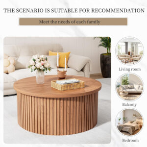 Round Fluted Lift Top Coffee Table with Storage, 34.6'' Farmhouse Round Coffee Tables for Living Room, Circle Wood Accent Center Table for Home, Office, Cafe (Wood Color)