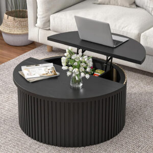 Round Fluted Lift Top Coffee Table with Storage, 34.6'' Farmhouse Round Coffee Tables for Living Room, Circle Wood Accent Center Table for Home, Office, Cafe (Wood Color)