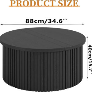 Round Fluted Lift Top Coffee Table with Storage, 34.6'' Farmhouse Round Coffee Tables for Living Room, Circle Wood Accent Center Table for Home, Office, Cafe (Wood Color)