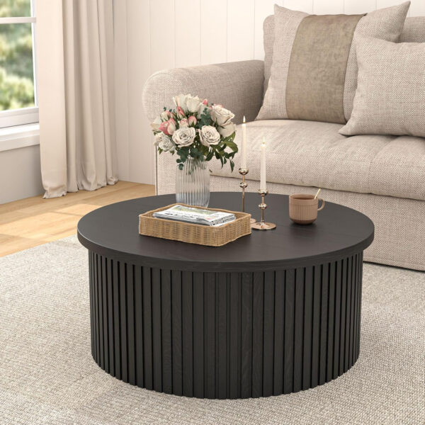 Round Fluted Lift Top Coffee Table with Storage, 34.6'' Farmhouse Round Coffee Tables for Living Room, Circle Wood Accent Center Table for Home, Office, Cafe (Wood Color)