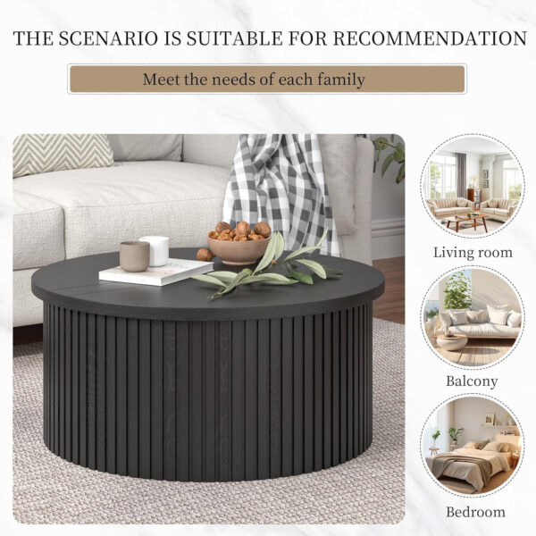 Round Fluted Lift Top Coffee Table with Storage, 34.6'' Farmhouse Round Coffee Tables for Living Room, Circle Wood Accent Center Table for Home, Office, Cafe (Wood Color)