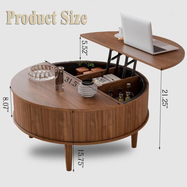 68870e8790530a6b6825e17a2ea328e5fff83754a2f2da518f77f.jpg Round Fluted Lift Top Coffee Table with Storage, Mid Century Modern Coffee Table for Living Room, Home Small Space,31.5" Fluted Center Table (Walnut, 31.5inch)