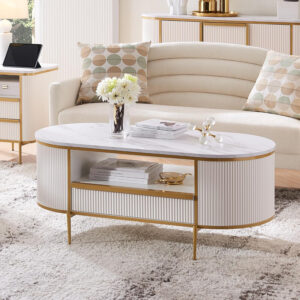 68870ec36e089c2b758165184f90a8f568605955df8f319321cc7.jpg OKD Modern Luxury Fluted Coffee Table, 48" Oval Coffee Table with Drawer, Faux Marble Top, Curved Profile Design, Gold Metal Decor, Center Table for Living Room, Off White
