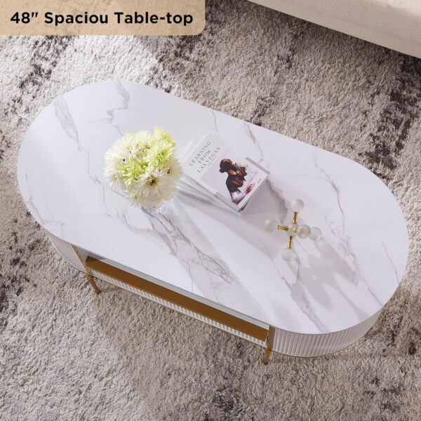 68870ec67b012e2100bf7a33d1f855da22070ac6d87d4f1215dc1.jpg OKD Modern Luxury Fluted Coffee Table, 48" Oval Coffee Table with Drawer, Faux Marble Top, Curved Profile Design, Gold Metal Decor, Center Table for Living Room, Off White