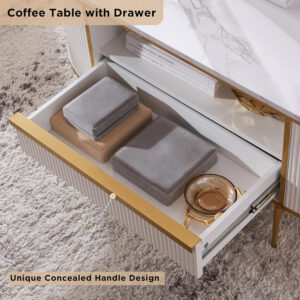 68870ec7da74295b57d23ae5a76c0ddff209f8a66fd0f33d41259.jpg OKD Modern Luxury Fluted Coffee Table, 48" Oval Coffee Table with Drawer, Faux Marble Top, Curved Profile Design, Gold Metal Decor, Center Table for Living Room, Off White