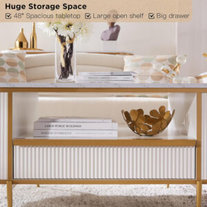 68870ec9b0efa729f66553c3ebcd8f755292ab39e142d5f3a9f63.jpg OKD Modern Luxury Fluted Coffee Table, 48" Oval Coffee Table with Drawer, Faux Marble Top, Curved Profile Design, Gold Metal Decor, Center Table for Living Room, Off White