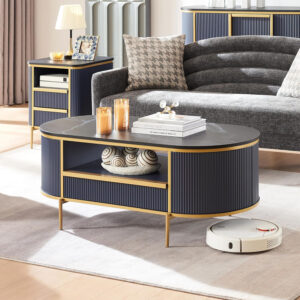 68870ecc680340e7e3448e325e27bfa8ce4fada1bd286c1114532.jpg OKD Modern Luxury Fluted Coffee Table, 48" Oval Coffee Table with Drawer, Faux Marble Top, Curved Profile Design, Gold Metal Decor, Center Table for Living Room, Off White