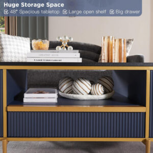 68870ed33c5758affb854f26a644c0e0f94d8b4d53e528807b548.jpg OKD Modern Luxury Fluted Coffee Table, 48" Oval Coffee Table with Drawer, Faux Marble Top, Curved Profile Design, Gold Metal Decor, Center Table for Living Room, Off White