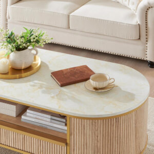 68870ed6b7ce64a986f2243d97376ebf4a129120830fcd5dccfe6.jpg OKD Modern Luxury Fluted Coffee Table, 48" Oval Coffee Table with Drawer, Faux Marble Top, Curved Profile Design, Gold Metal Decor, Center Table for Living Room, Off White