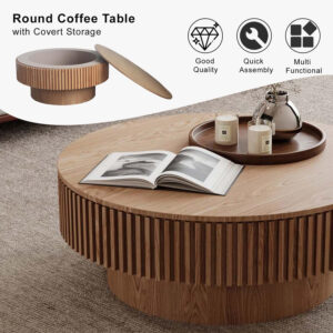 31" Round Coffee Table for Living Room, Mid Century Modern Coffee Table with Sturdy Pedestal, Circle Center Table Accent Tea Table for Apartment Walnut