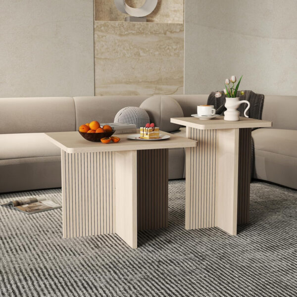 Oak Coffee Tables for Living Room: End Tables Set of 2 for Modern Small Side Spaces, Wooden Square Center Nesting Pieces with Fluted Wood Details (Oak)