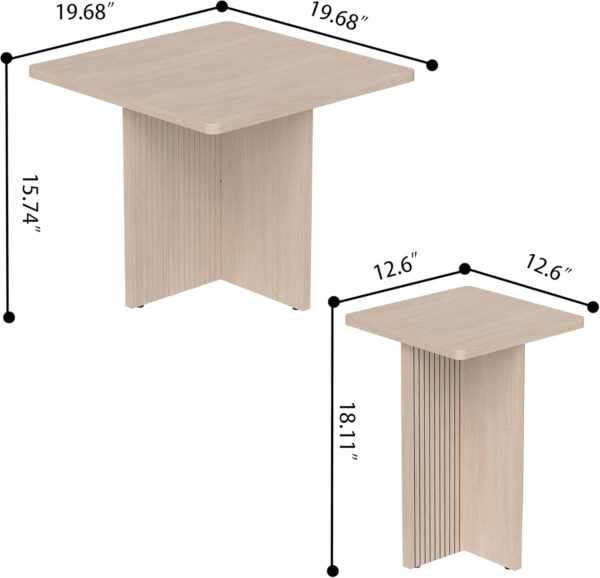 Oak Coffee Tables for Living Room: End Tables Set of 2 for Modern Small Side Spaces, Wooden Square Center Nesting Pieces with Fluted Wood Details (Oak)