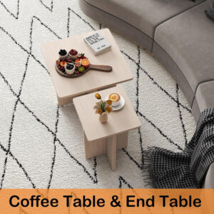 Oak Coffee Tables for Living Room: End Tables Set of 2 for Modern Small Side Spaces, Wooden Square Center Nesting Pieces with Fluted Wood Details (Oak)