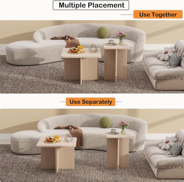 Oak Coffee Tables for Living Room: End Tables Set of 2 for Modern Small Side Spaces, Wooden Square Center Nesting Pieces with Fluted Wood Details (Oak)