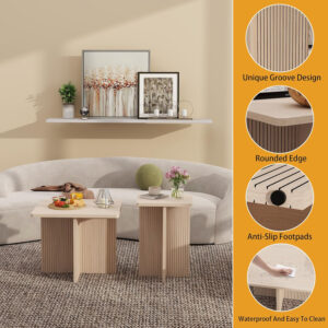 Oak Coffee Tables for Living Room: End Tables Set of 2 for Modern Small Side Spaces, Wooden Square Center Nesting Pieces with Fluted Wood Details (Oak)