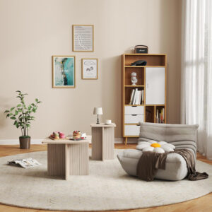 Oak Coffee Tables for Living Room: End Tables Set of 2 for Modern Small Side Spaces, Wooden Square Center Nesting Pieces with Fluted Wood Details (Oak)