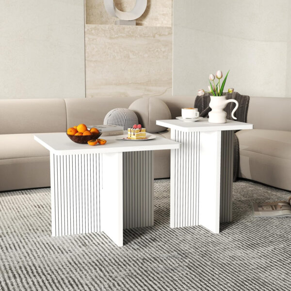 Oak Coffee Tables for Living Room: End Tables Set of 2 for Modern Small Side Spaces, Wooden Square Center Nesting Pieces with Fluted Wood Details (Oak)