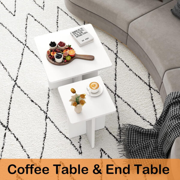 Oak Coffee Tables for Living Room: End Tables Set of 2 for Modern Small Side Spaces, Wooden Square Center Nesting Pieces with Fluted Wood Details (Oak)