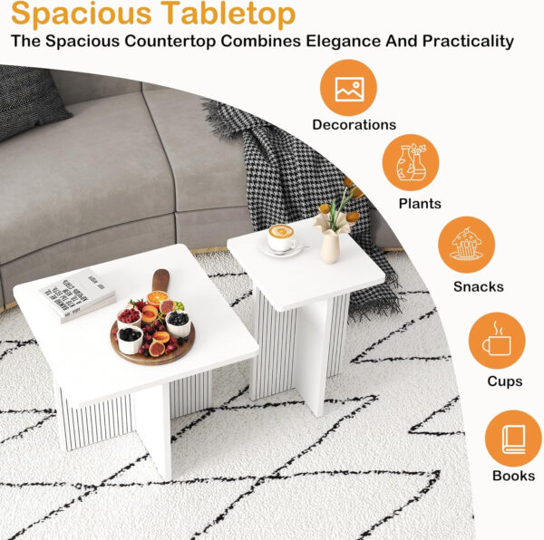 Oak Coffee Tables for Living Room: End Tables Set of 2 for Modern Small Side Spaces, Wooden Square Center Nesting Pieces with Fluted Wood Details (Oak)