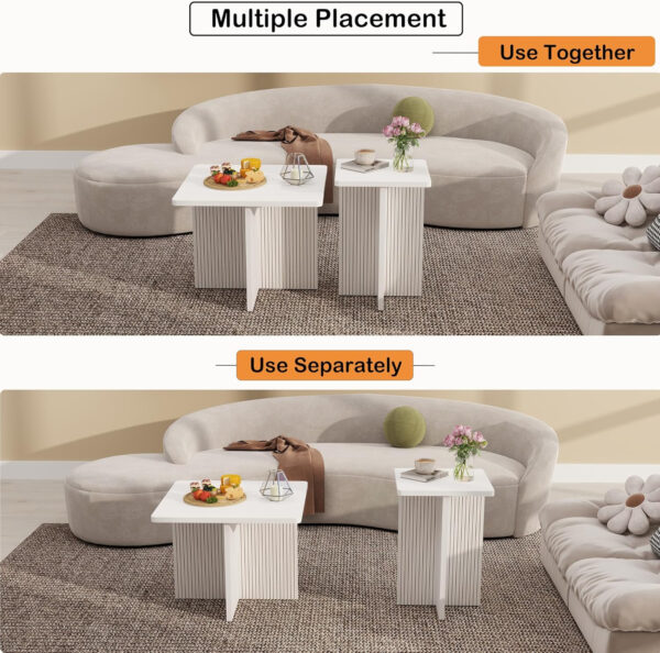 Oak Coffee Tables for Living Room: End Tables Set of 2 for Modern Small Side Spaces, Wooden Square Center Nesting Pieces with Fluted Wood Details (Oak)