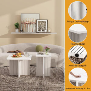 Oak Coffee Tables for Living Room: End Tables Set of 2 for Modern Small Side Spaces, Wooden Square Center Nesting Pieces with Fluted Wood Details (Oak)