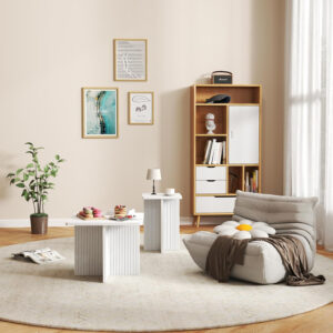 Oak Coffee Tables for Living Room: End Tables Set of 2 for Modern Small Side Spaces, Wooden Square Center Nesting Pieces with Fluted Wood Details (Oak)