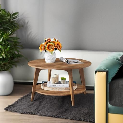 VASAGLE Round Coffee Table, 2 Tier Coffee Table with Storage, for Living Room, 31.5 x 17.7 Inches, Easy to Assemble, Honey Brown ULCT243K41