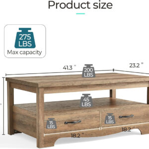 LINSY HOME Farmhouse Coffee Table with Storage, Wood Coffee Table for Living Room, Open Display Area and Storage Drawers with Metal Handles, Chic Style with Curved Base, Brown