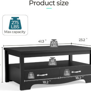 LINSY HOME Farmhouse Coffee Table with Storage, Wood Coffee Table for Living Room, Open Display Area and Storage Drawers with Metal Handles, Chic Style with Curved Base, Brown