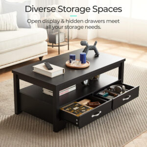 LINSY HOME Farmhouse Coffee Table with Storage, Wood Coffee Table for Living Room, Open Display Area and Storage Drawers with Metal Handles, Chic Style with Curved Base, Brown