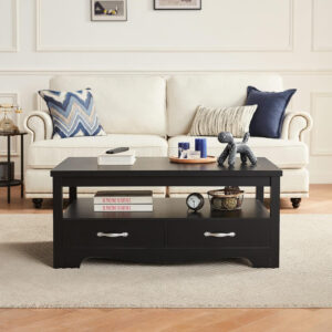 LINSY HOME Farmhouse Coffee Table with Storage, Wood Coffee Table for Living Room, Open Display Area and Storage Drawers with Metal Handles, Chic Style with Curved Base, Brown