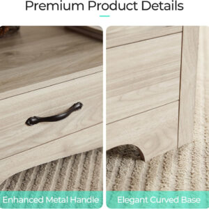 LINSY HOME Farmhouse Coffee Table with Storage, Wood Coffee Table for Living Room, Open Display Area and Storage Drawers with Metal Handles, Chic Style with Curved Base, Brown