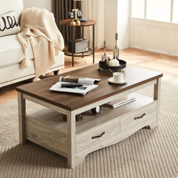 LINSY HOME Farmhouse Coffee Table with Storage, Wood Coffee Table for Living Room, Open Display Area and Storage Drawers with Metal Handles, Chic Style with Curved Base, Brown