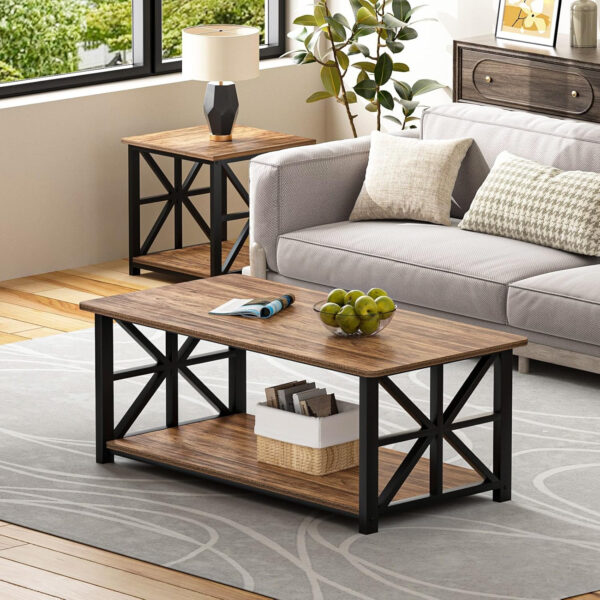 GreenForest Coffee Table for Living Room with Round Corners Farmhouse Style Center Table with Storage Shelf 39 Inch Space Saving Easy Assembly Gray Wash
